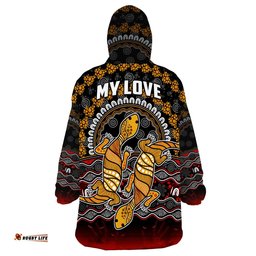 custom personalised australia valentine wearable blanket hoodie aboriginal couple lizards my love