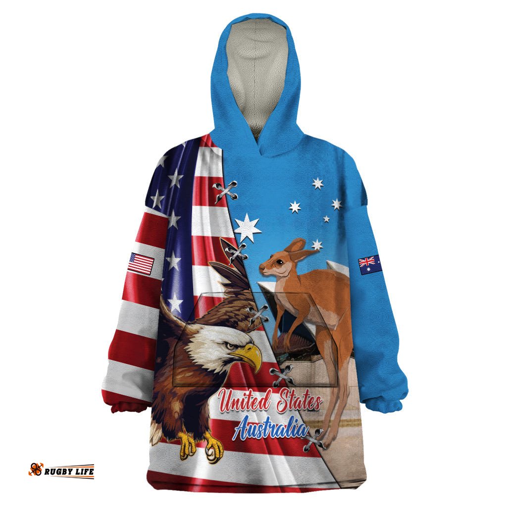 personalised united states and australia wearable blanket hoodie usa eagle with aussie kangaroo