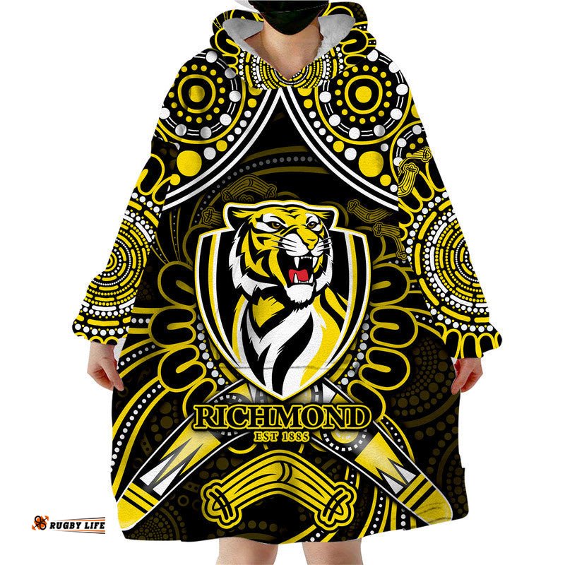 custom personalised richmond tigers football wearable blanket hoodie boomerang indigenous dots