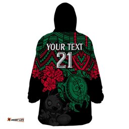 custom rabbitohs rugby wearable blanket hoodie bunnies hibiscus and turtle with polynesian pattern