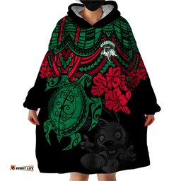 custom rabbitohs rugby wearable blanket hoodie bunnies hibiscus and turtle with polynesian pattern