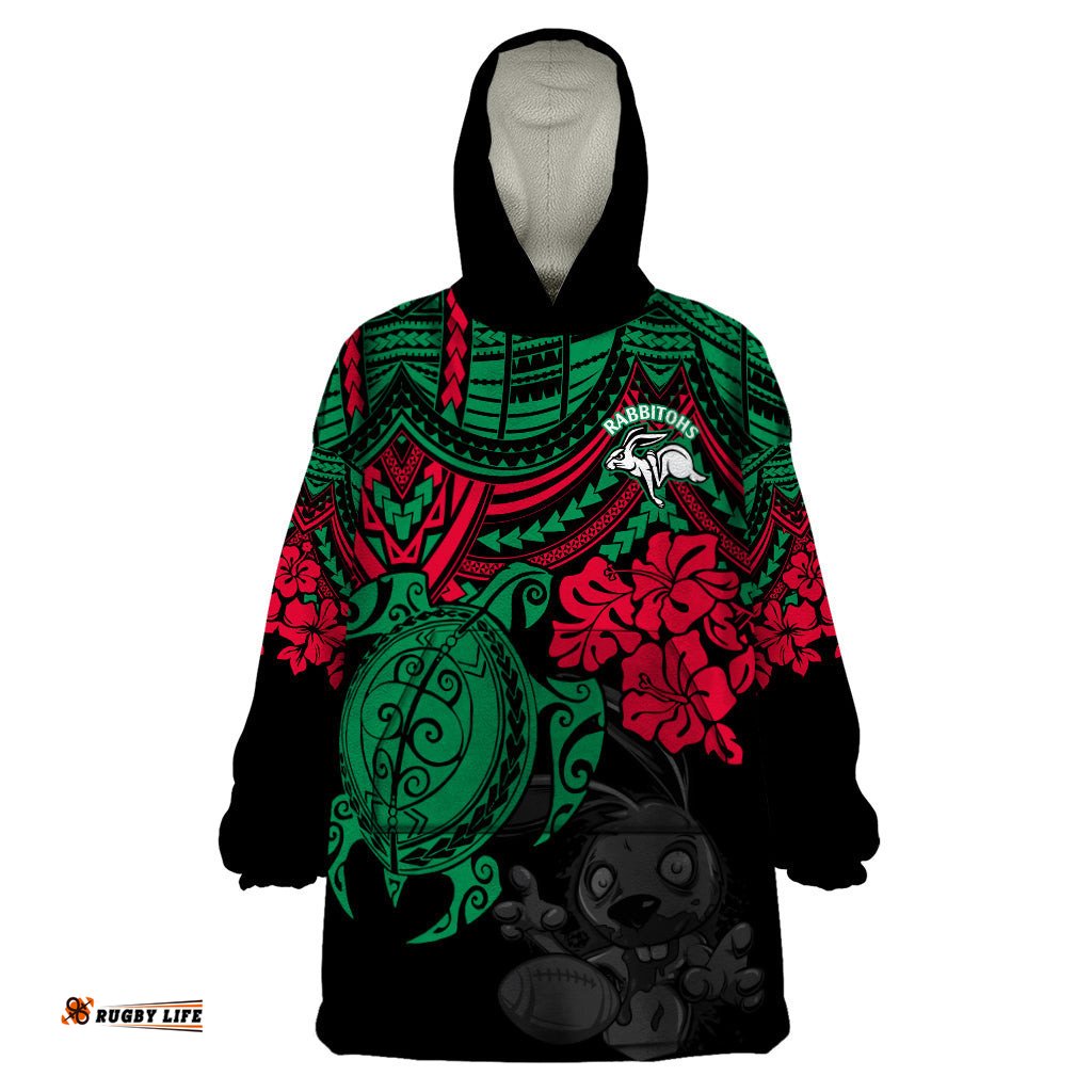 custom rabbitohs rugby wearable blanket hoodie bunnies hibiscus and turtle with polynesian pattern