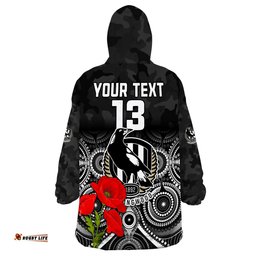 custom text and number magpies football anzac day wearable blanket hoodie aboriginal poppy flowers