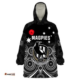 custom text and number magpies football anzac day wearable blanket hoodie aboriginal poppy flowers