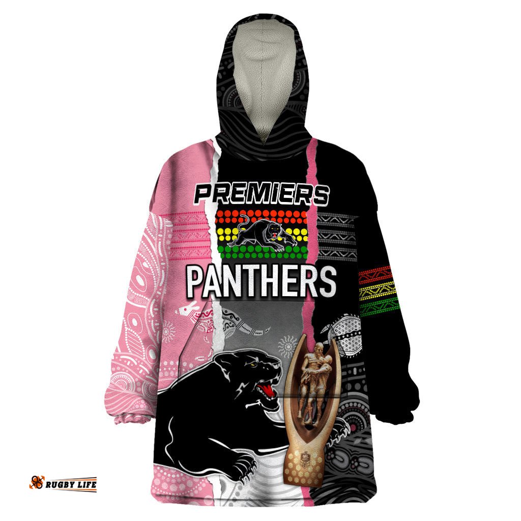 personalised panther rugby nrl premiers wearable blanket hoodie panther pride black pink aboriginal mix art