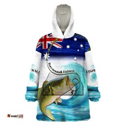personalised australia fishing wearable blanket hoodie barramundi with ocean waves flag grunge style
