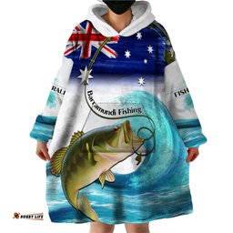 personalised australia fishing wearable blanket hoodie barramundi with ocean waves flag grunge style