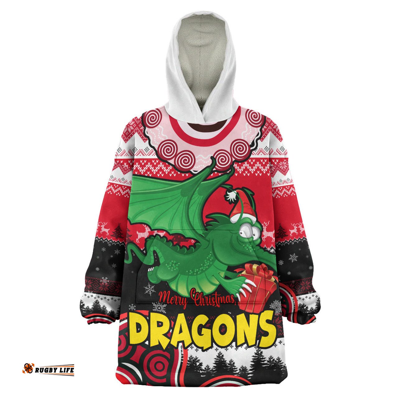 St. George Illawarra Dragons Christmas Snug Hoodie - Custom Dragon Aboriginal Inspired Xmas Oodie Blanket