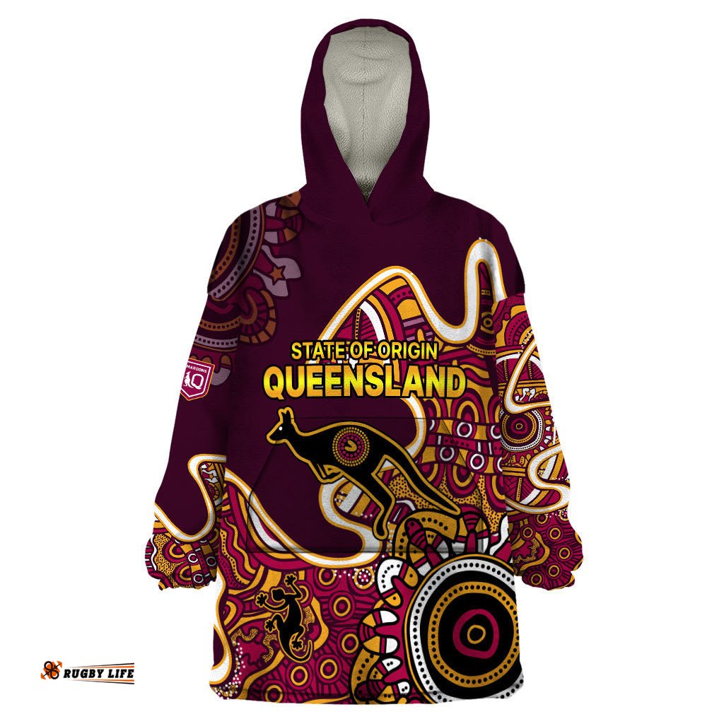 custom text and number queensland rugby wearable blanket hoodie state of origin go maroons indigenous tribal
