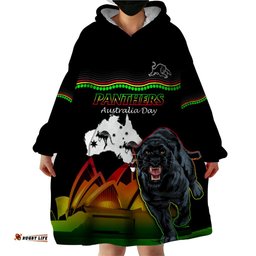 custom australia day panthers wearable blanket hoodie nrl 2024 sydney opera house with map black