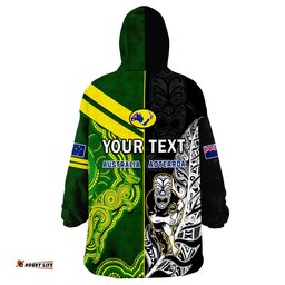 custom personalised australia kangaroos and all black rugby wearable blanket hoodie aboriginal mix nz maori fern