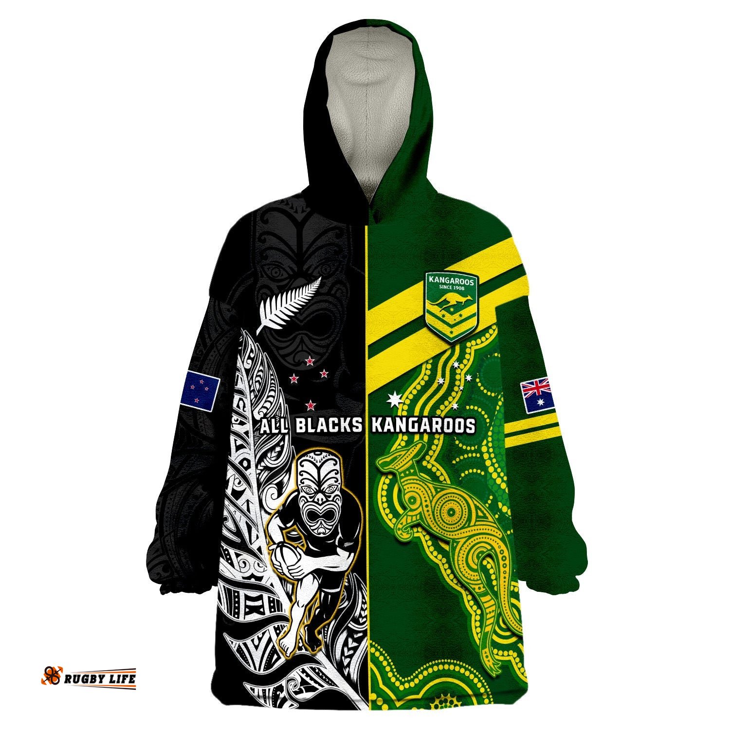 custom personalised australia kangaroos and all black rugby wearable blanket hoodie aboriginal mix nz maori fern