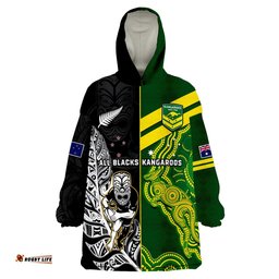 custom personalised australia kangaroos and all black rugby wearable blanket hoodie aboriginal mix nz maori fern