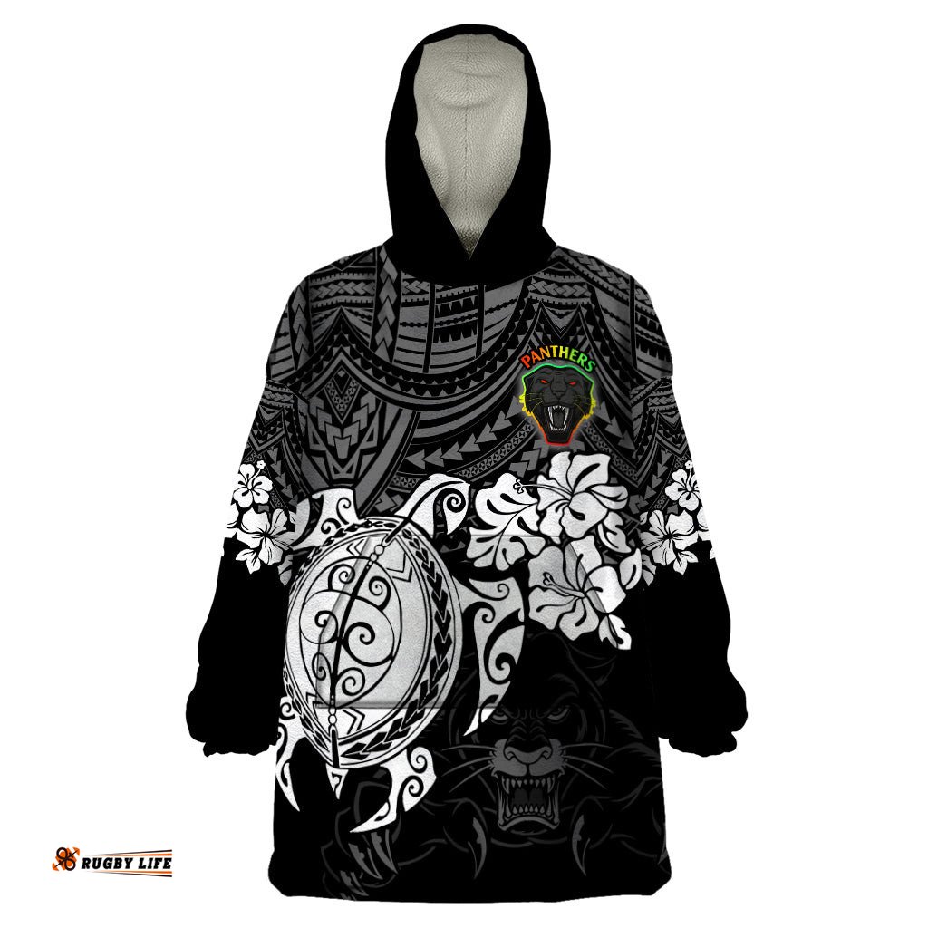 custom panthers rugby wearable blanket hoodie penrith hibiscus and turtle with polynesian pattern