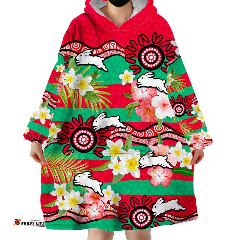 rabbitohs rugby wearable blanket hoodie tropical flowers and palm hawaiian style