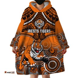 personalised tigers rugby wearable blanket hoodie aboriginal mix polynesian pattern