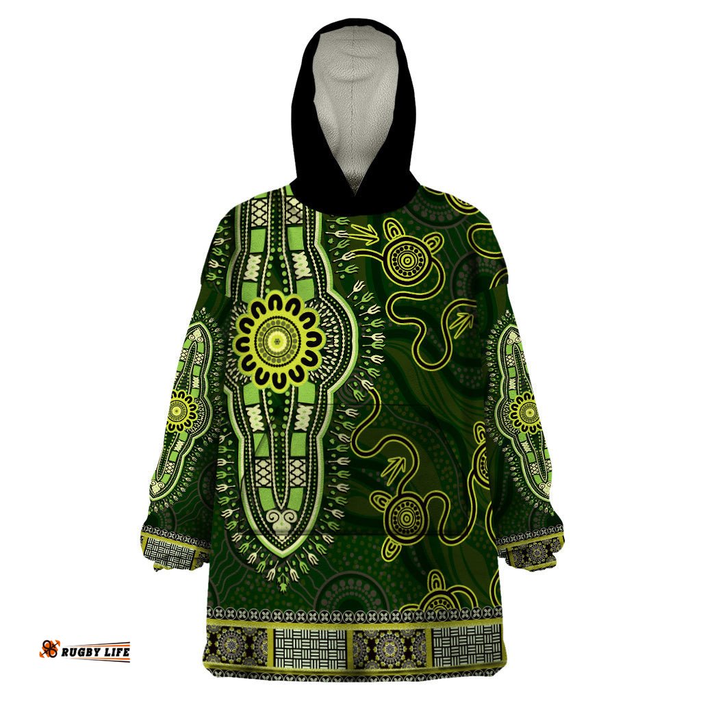 lime green african dashiki with australia aboriginal art wearable blanket hoodie