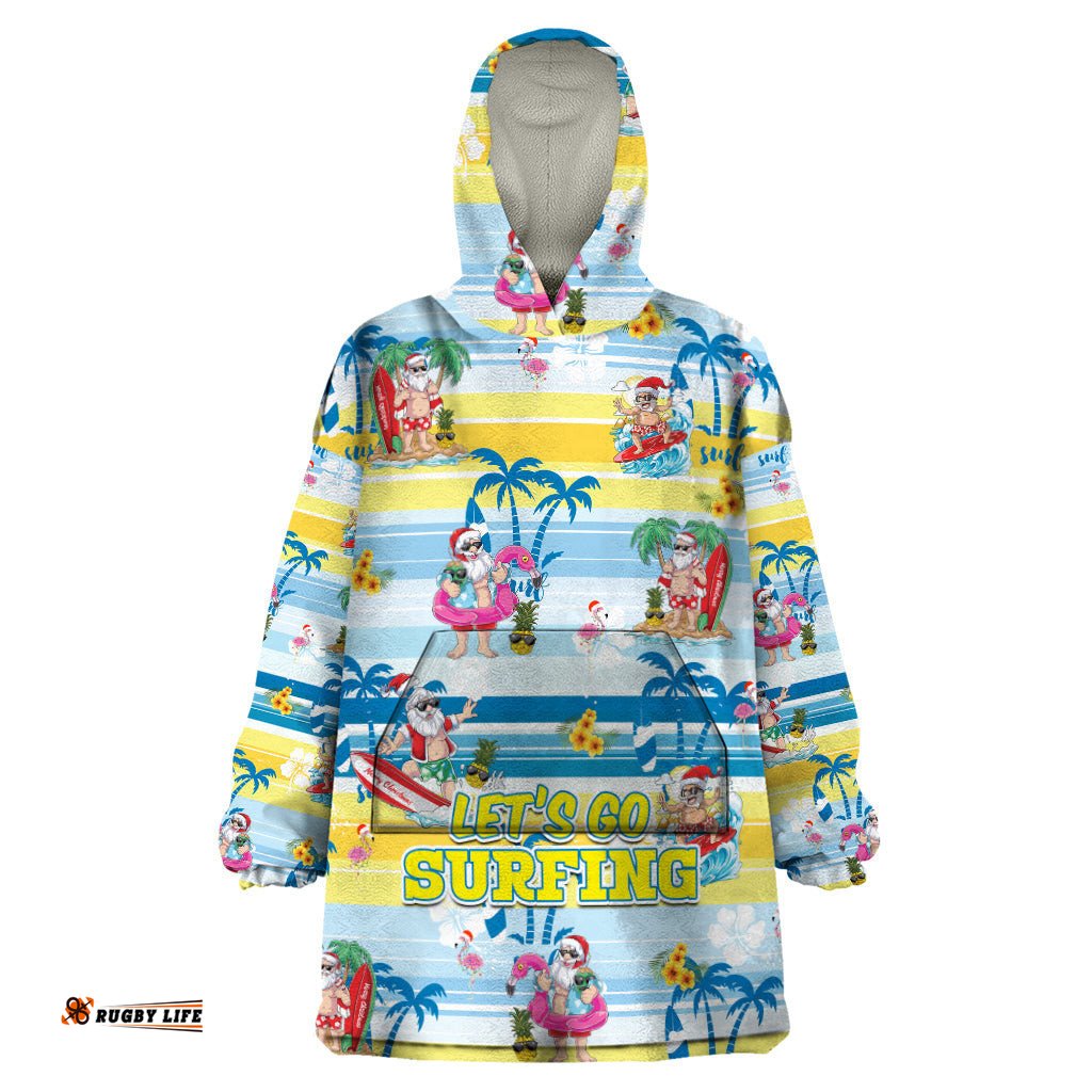 surfing christmas wearable blanket hoodie tropical santa lets go surfing dt02