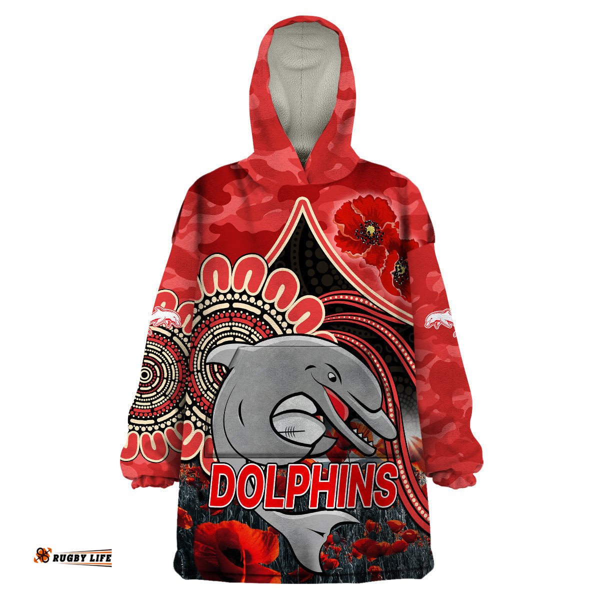 custom personalised nrl anzac redcliffe dolphins poppy flowers wearable blanket hoodie