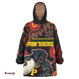 panthers rugby snug hoodie custom penrith panthers aboriginal with rugby ball indigenous style of dot painting traditional oodie blanket