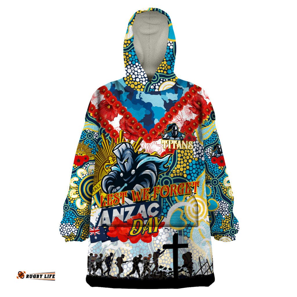 personalised titans anzac day wearable blanket hoodie aboriginal rising sun dt02
