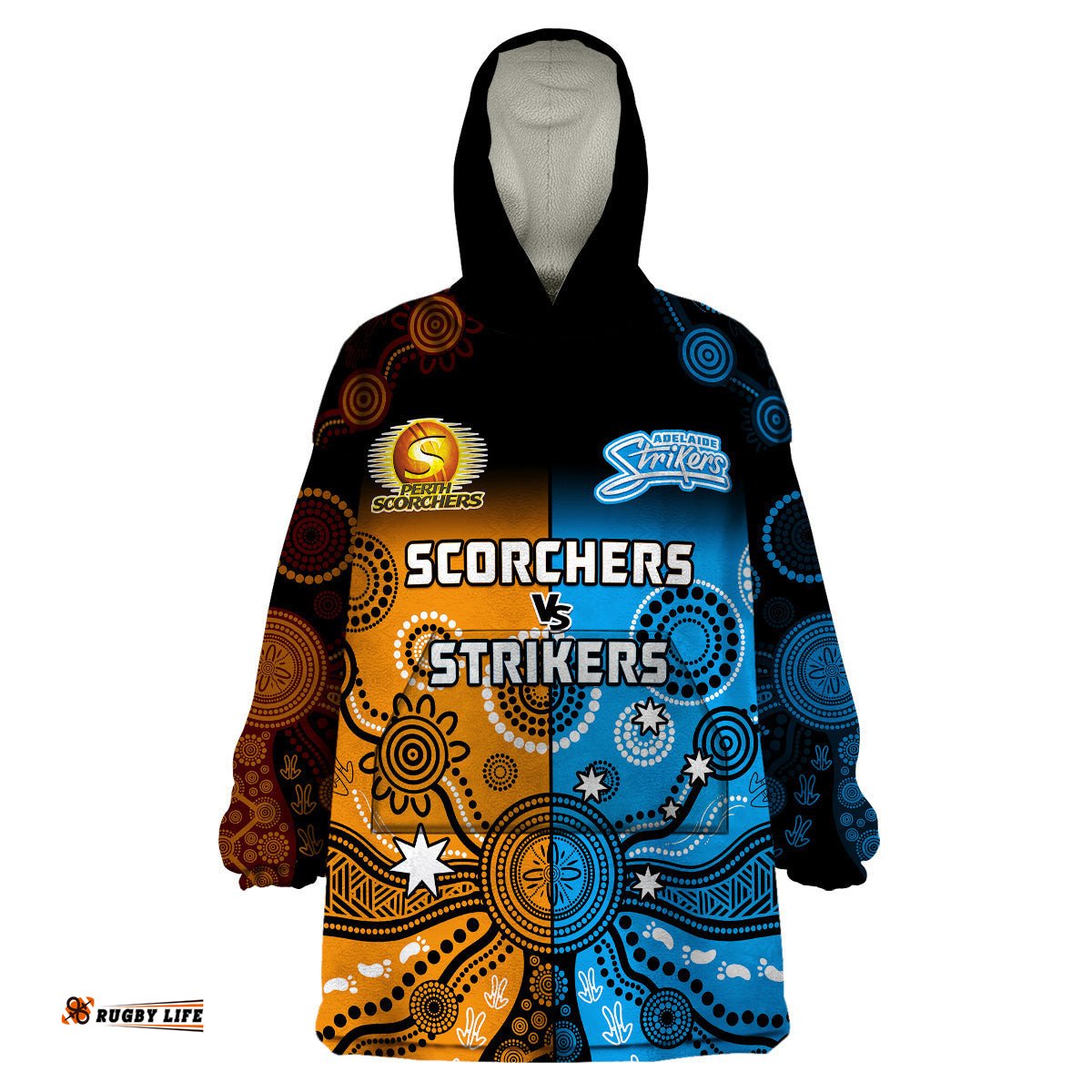 perth scorchers and adelaide strikers cricket wearable blanket hoodie aboriginal art