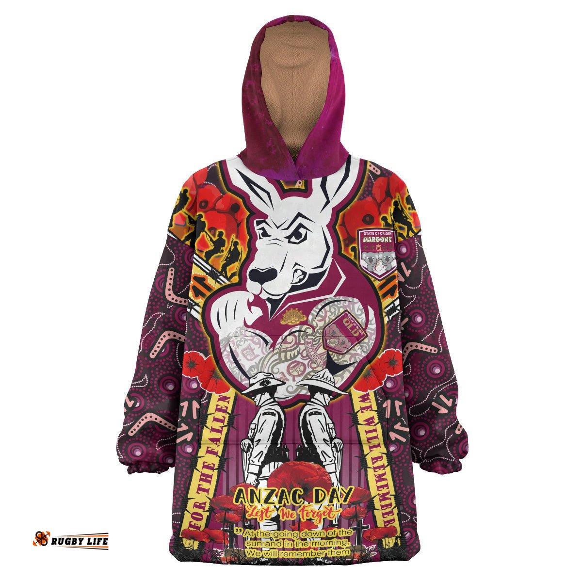 maroons rugby anzac custom watercolour snug hoodie remembrance maroons kangaroo with poppy flower oodie blanket