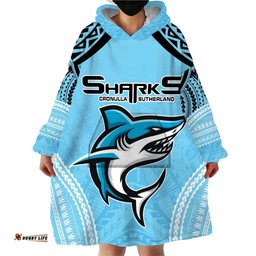 sharks rugby custom wearable blanket hoodie with polynesian style