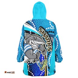 sharks rugby snug hoodie custom sharks with rugby ball and aboriginal dot design blue background oodie blanket
