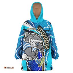 sharks rugby snug hoodie custom sharks with rugby ball and aboriginal dot design blue background oodie blanket