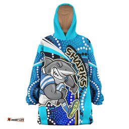 sharks rugby snug hoodie custom sharks with rugby ball and aboriginal dot design blue background oodie blanket