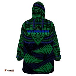 warriors rugby wearable blanket hoodie aotearoa fern polynesian pattern