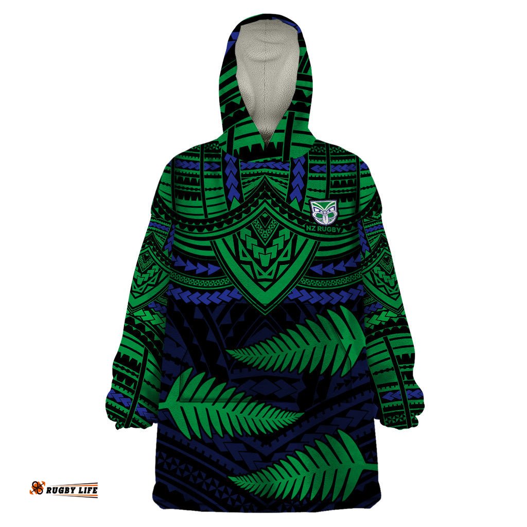 warriors rugby wearable blanket hoodie aotearoa fern polynesian pattern