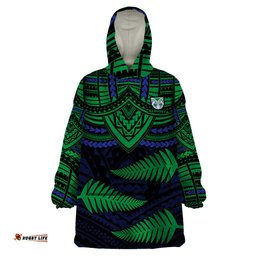 warriors rugby wearable blanket hoodie aotearoa fern polynesian pattern