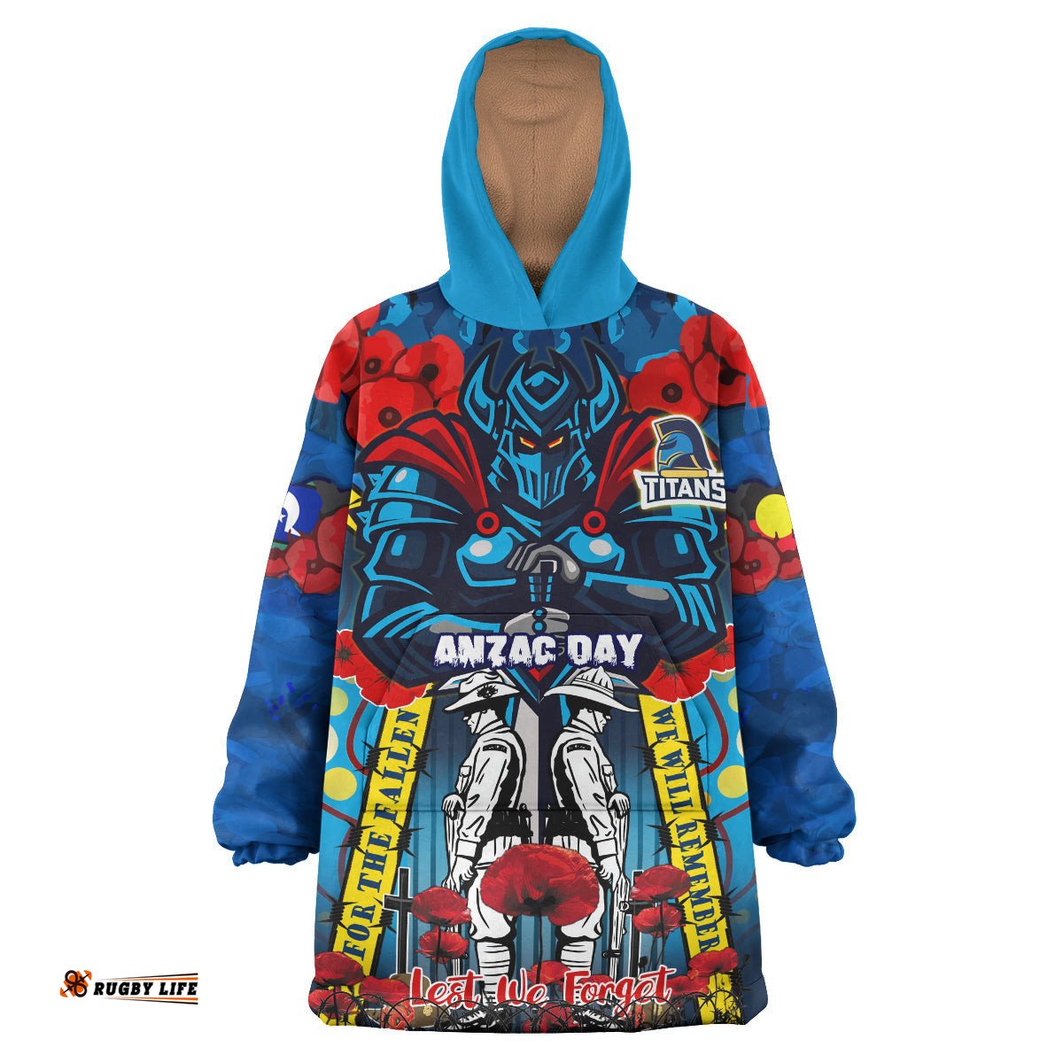 titans aboriginal rugby anzac watercolour snug hoodie remembrance indigenous titans with poppy flower oodie blanket