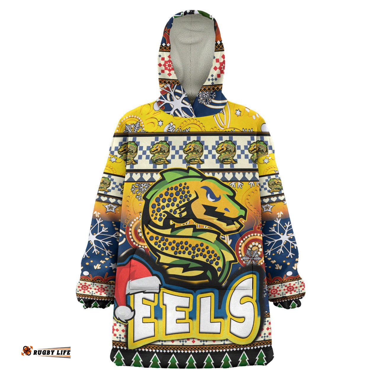 Parramatta Eels Christmas Snug Hoodie - Custom Xmas Parramatta Eels Christmas Balls, Snowflake With Aboriginal Inspired Patterns Oodie Blanket