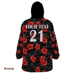 custom text and number panthers rugby wearable blanket hoodie polynesian style with hibiscus