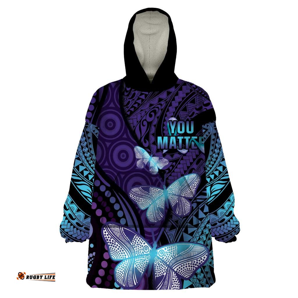 you matter suicide prevention awareness wearable blanket hoodie butterfly aboriginal mix polynesian pattern