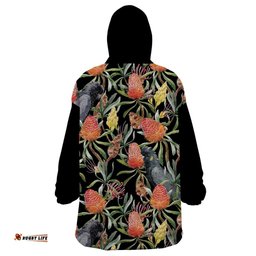 australia black cockatoo and banksia flowers wearable blanket hoodie