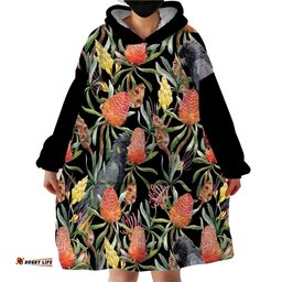 australia black cockatoo and banksia flowers wearable blanket hoodie