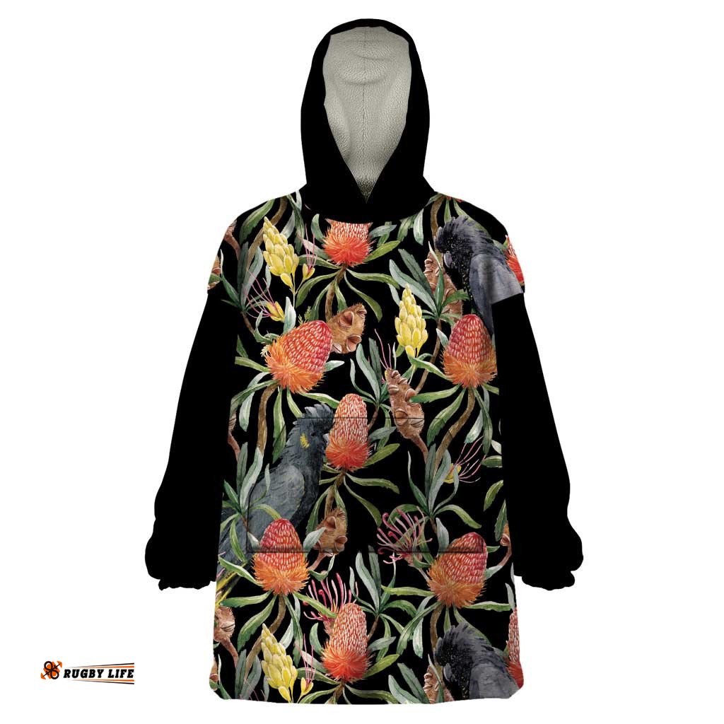australia black cockatoo and banksia flowers wearable blanket hoodie