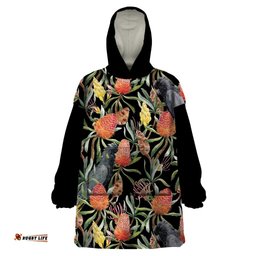 australia black cockatoo and banksia flowers wearable blanket hoodie