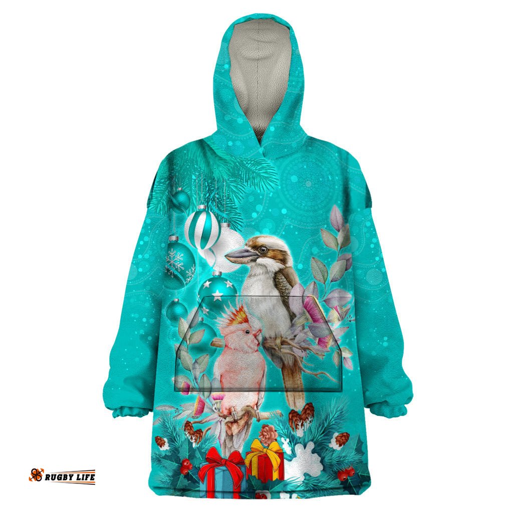personalised kookaburra and cockatoo wearable blanket hoodie australia merry christmas aboriginal teal style