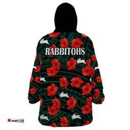 rabbitohs rugby wearable blanket hoodie polynesian style with hibiscus