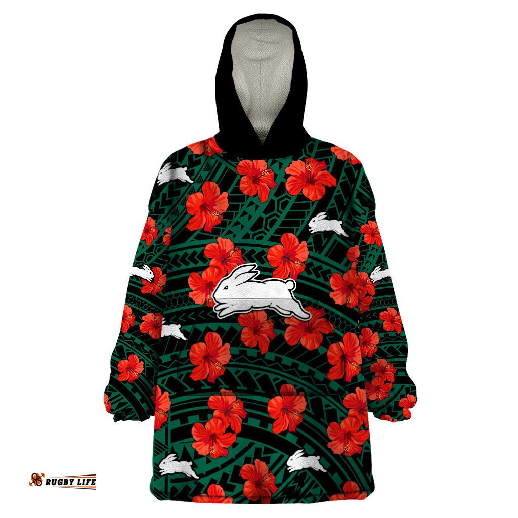 rabbitohs rugby wearable blanket hoodie polynesian style with hibiscus