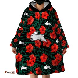 rabbitohs rugby wearable blanket hoodie polynesian style with hibiscus