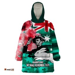 custom personalised anzac rabbitohs rugby wearable blanket hoodie we shall remember