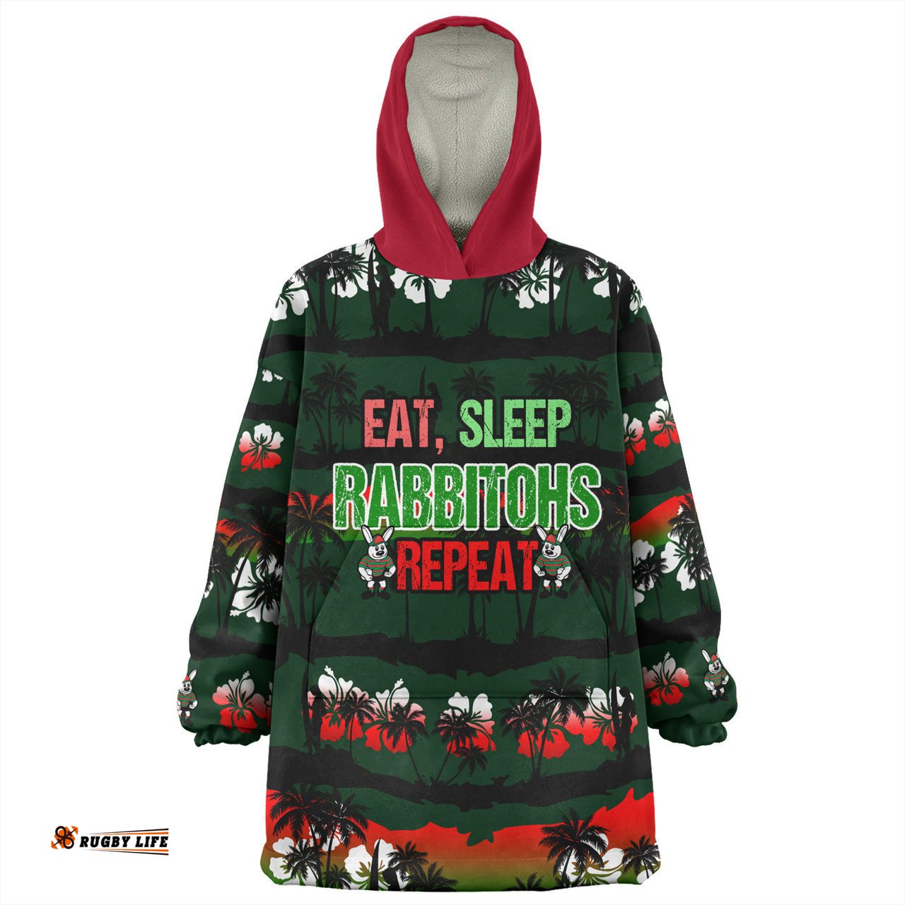 South Sydney Rabbitohs Snug Hoodie - Eat Sleep Repeat With Tropical Patterns
