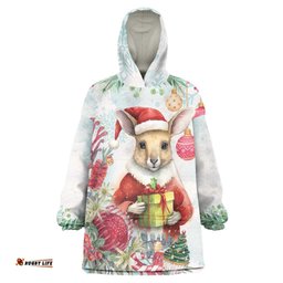 australia christmas wearable blanket hoodie kangaroo santa with aussie flower watercolor