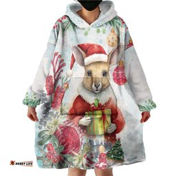 australia christmas wearable blanket hoodie kangaroo santa with aussie flower watercolor